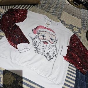 Festive Santa Sweatshirt with Red Sequin Sleeves